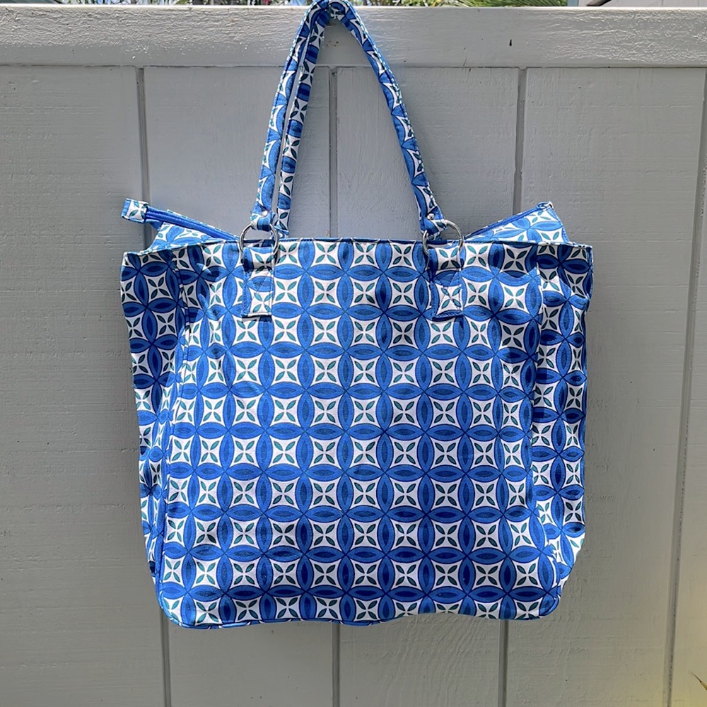 Printed cotton canvas tote with wristlet cosmetic bag
